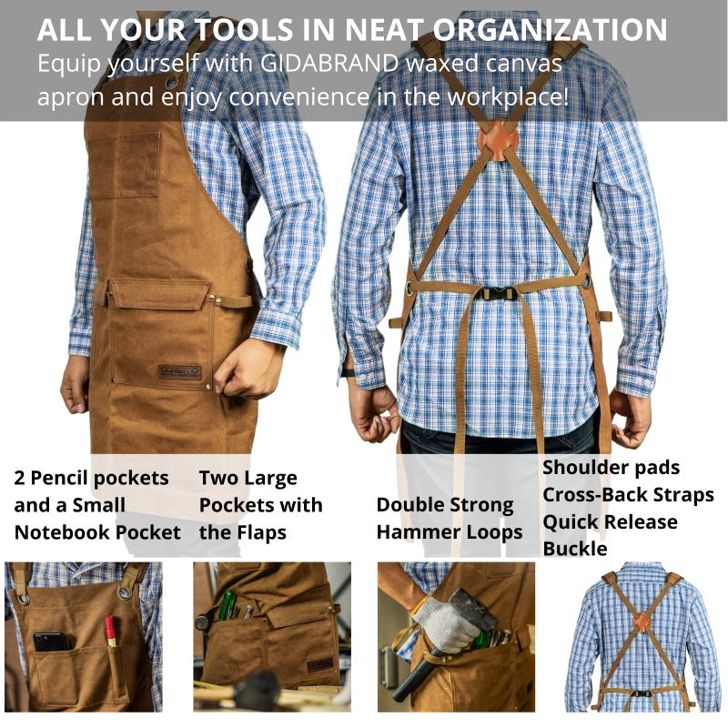 GIDABRAND Woodworking Shop Aprons for Men and Women | 16 oz Durable Waxed Canvas Work Apron with Pockets | Cross-Back Straps | Adjustable Tool Apron Up To XXL | Gift for Woodworker - Bring a Smile to Their Face - Image 4